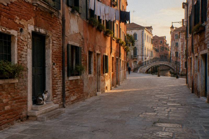 Warm late light on Rio Terà Barba Frutariol in Cannaregio, Venice, Italy, a wide paved lane that was once a canal, lined with old brick and rust-coloured plaster houses with green shutters, a hanging washing line high up, a stray cat on a doorstep, no people.