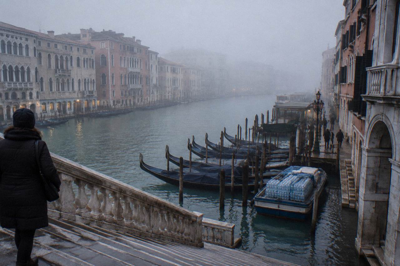 View across a Venice canal toward the Rialto Bridge with moored gondolas and old palace facades