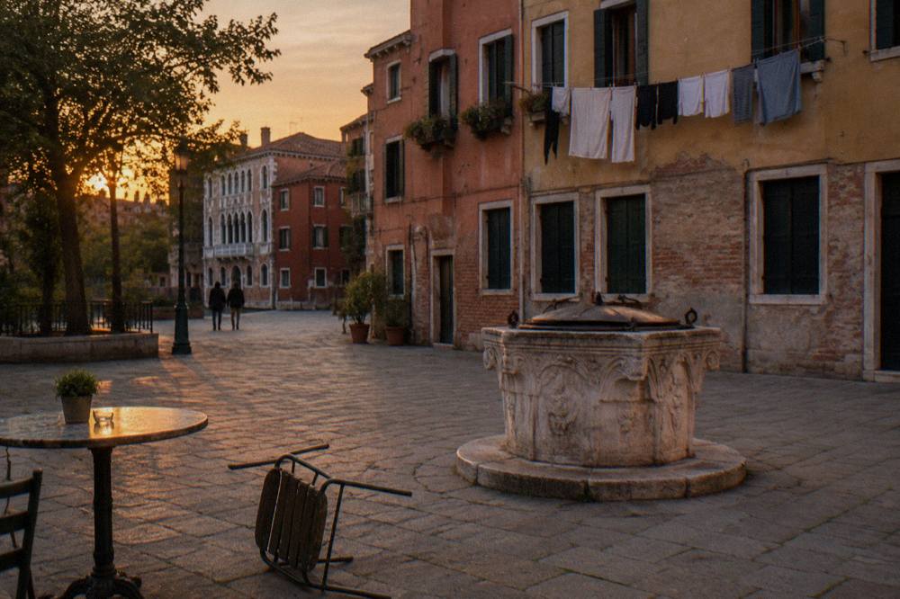 An empty Venice campo with a wellhead in the centre and laundry hanging from shuttered windows