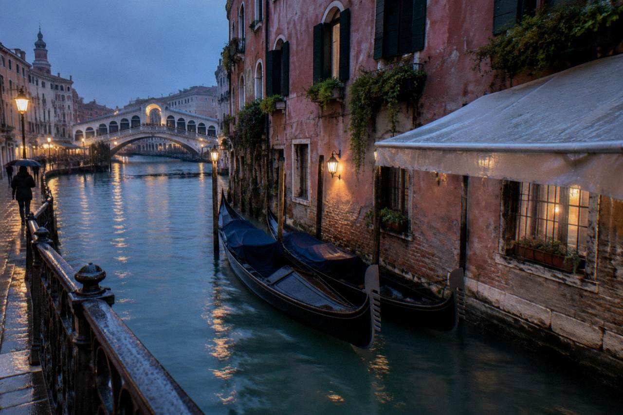 Quiet Venetian canal with moored gondolas and weathered palace facades