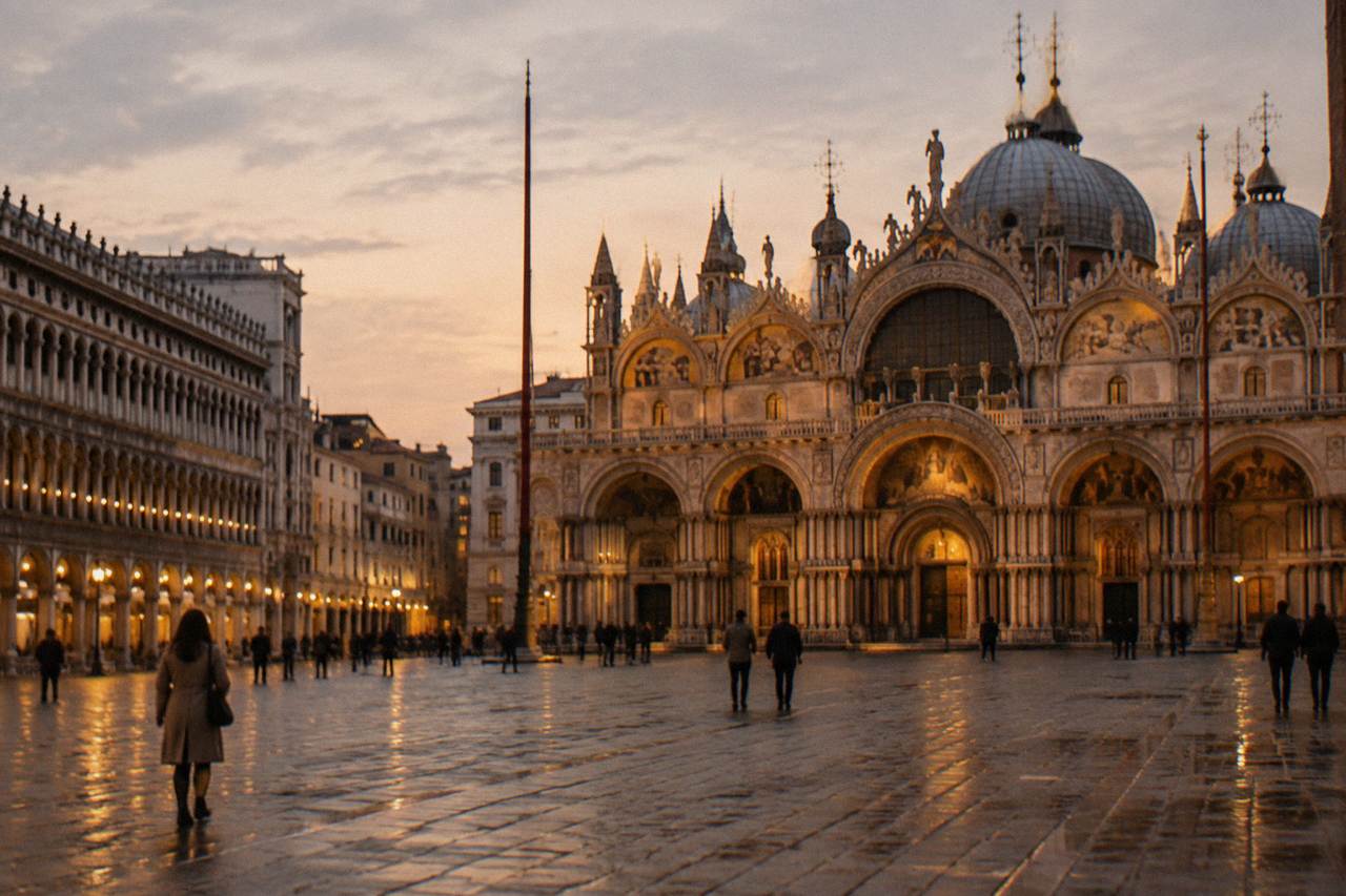 The brick facade and arched portals of St Mark's Basilica seen from the square at dusk