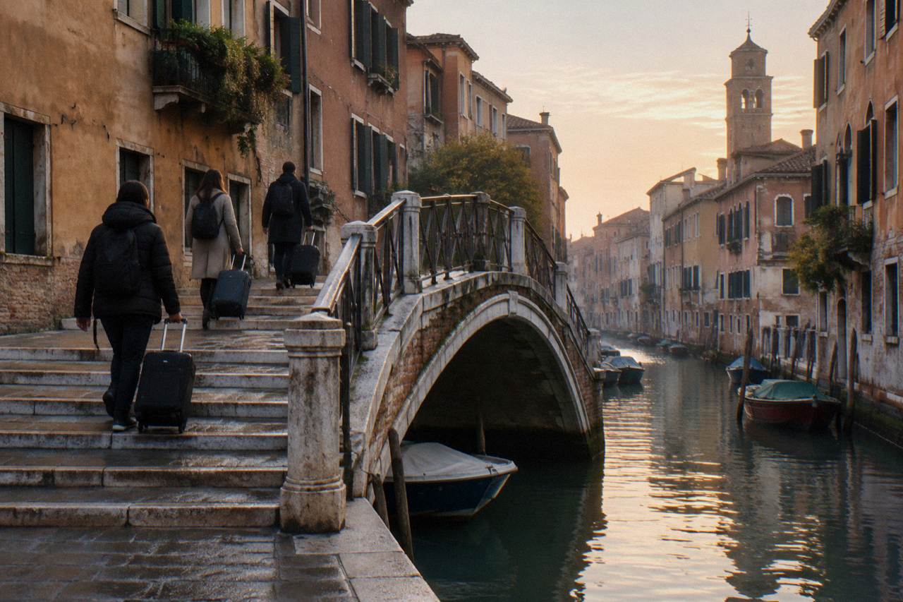 Visitors with wheeled suitcases walking up the stone steps of a small Venice canal bridge in early morning light