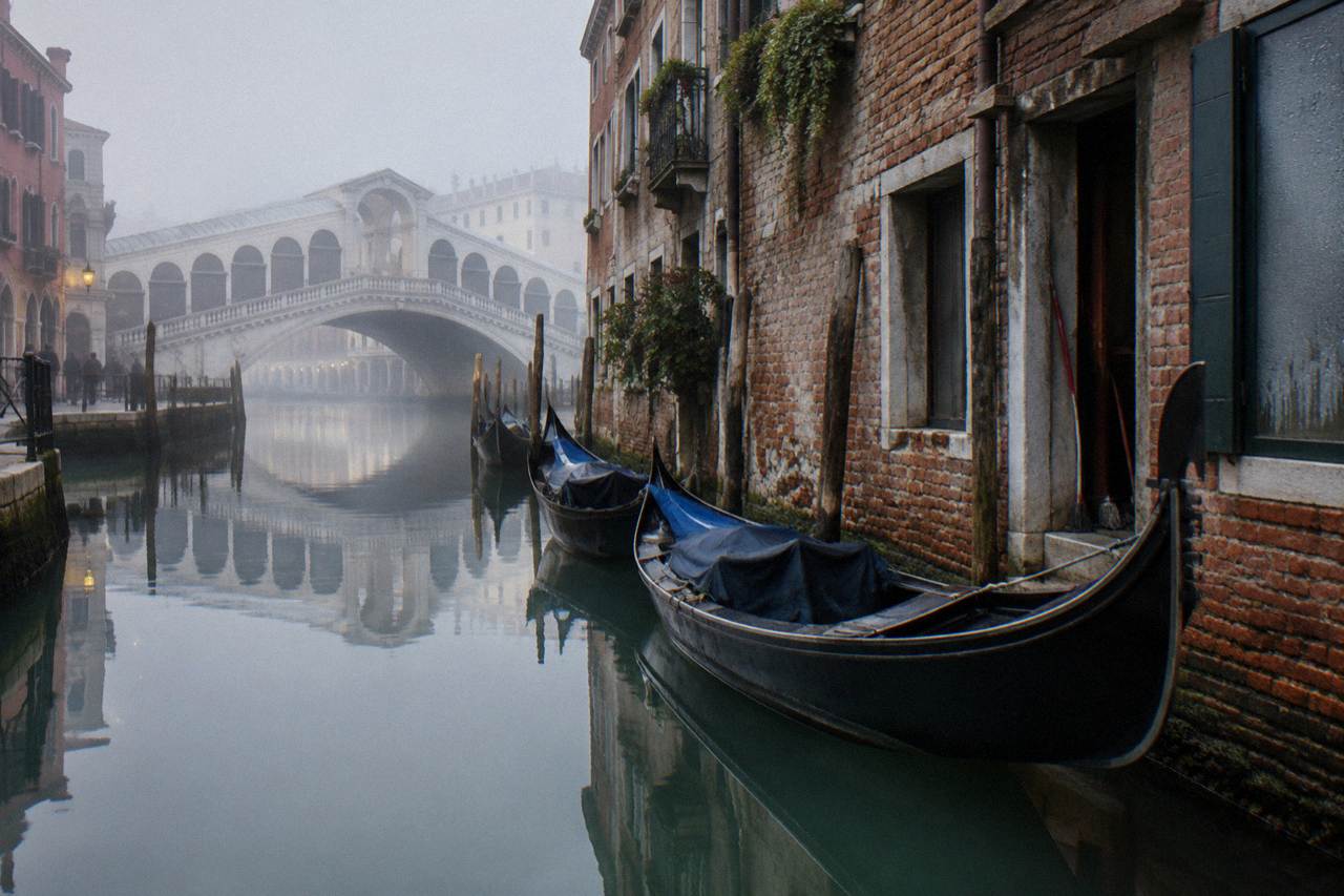 Quiet canal in Venice with moored gondolas and old brick facades reflected in still water
