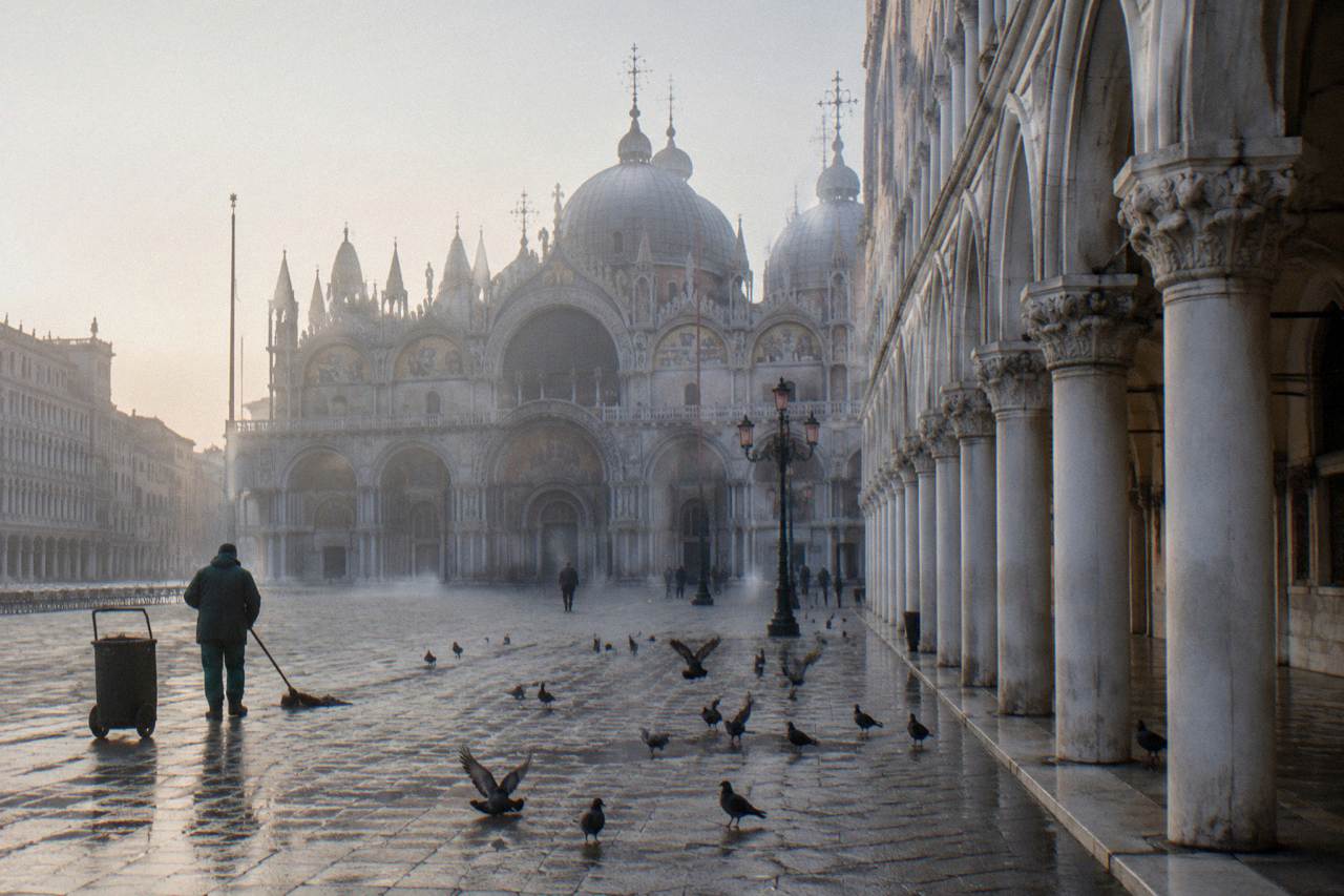 A quiet Venetian canal in early morning light with moored boats and old brick facades