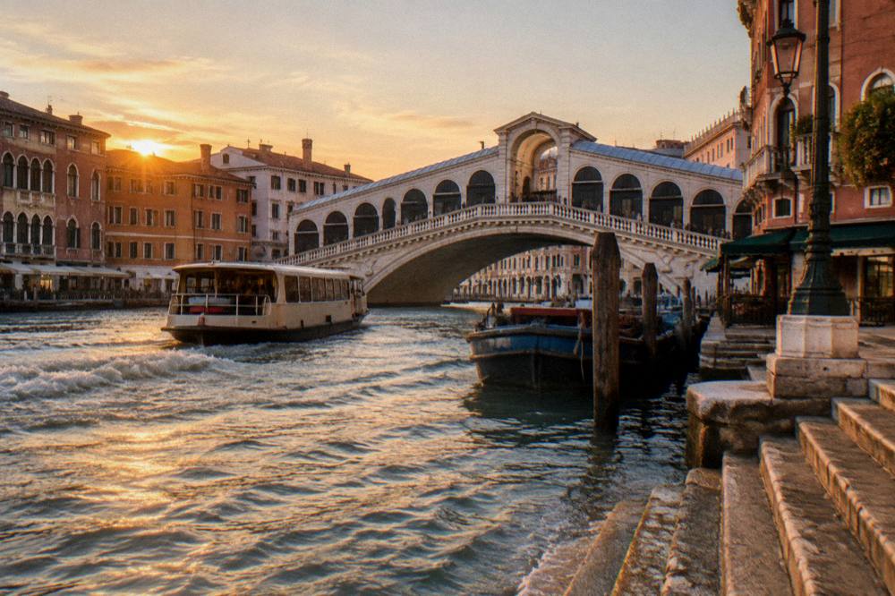 Venice canal at dusk with lit windows reflecting on still water
