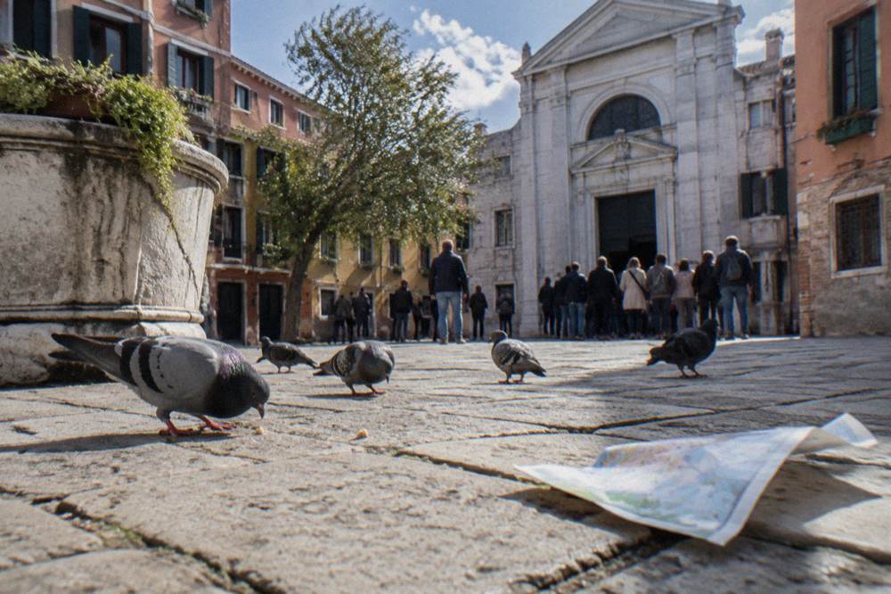 Visitors gathered outside a stone museum entrance in Venice