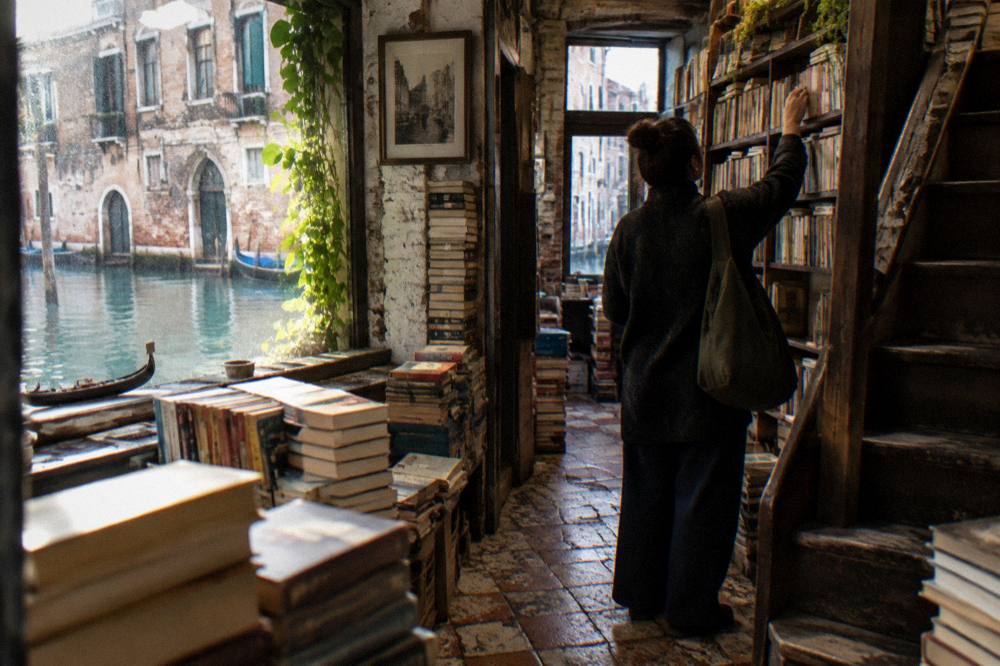 A visitor browsing shelves of secondhand books in a crowded small bookshop