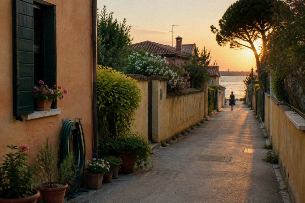 A flat island lane with bicycles leaning against a wall and low sun over the water beyond the rooftops