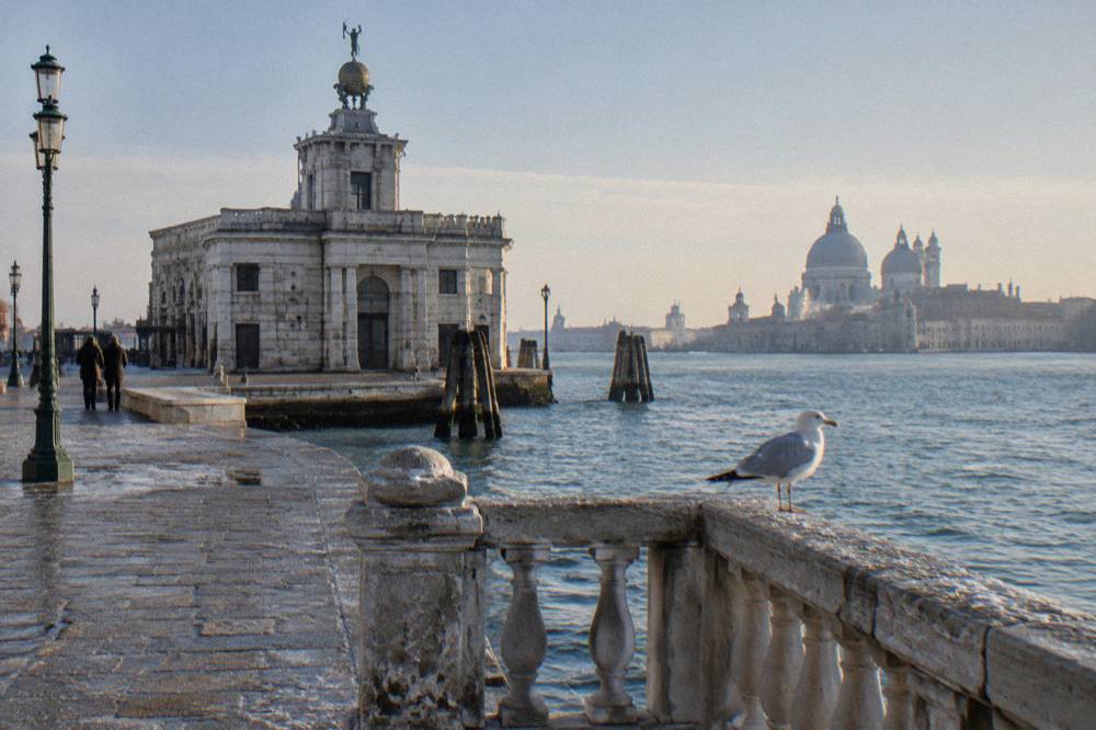 A wide stone quay at the tip of Dorsoduro with water on two sides and church domes across the channel