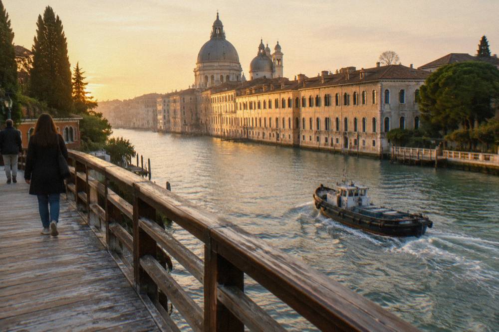 A wooden bridge over the Grand Canal with a museum facade beyond and boats on the water