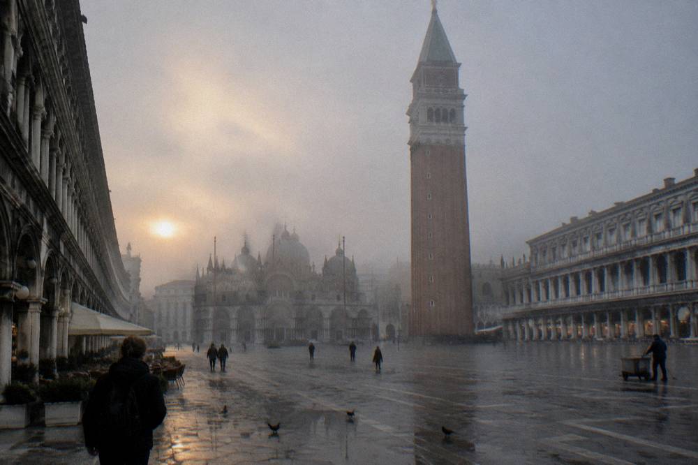 Early morning light across Piazza San Marco with the Campanile rising beside the basilica