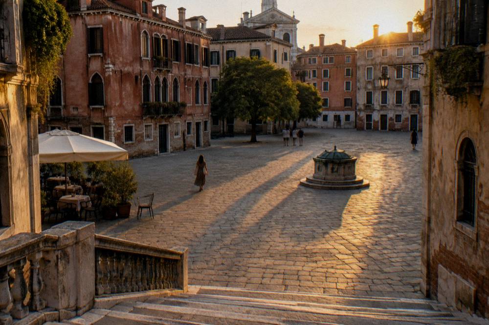 A quiet campo near the Rialto with weathered facades and an empty well head