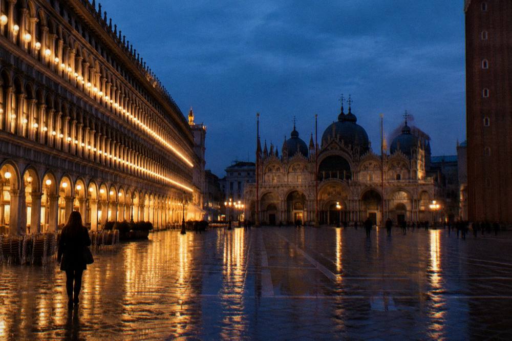 St Mark's Square at dusk with lit arcades and the Basilica silhouette
