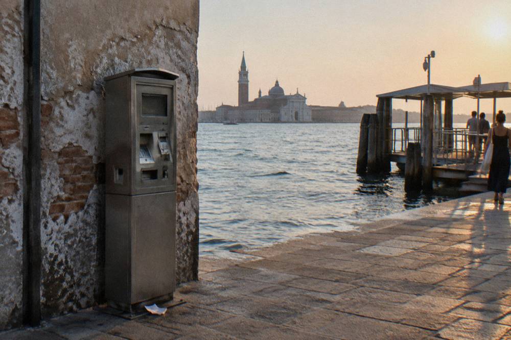 A vaporetto ticket machine and route sign beside a Venice canal landing stage
